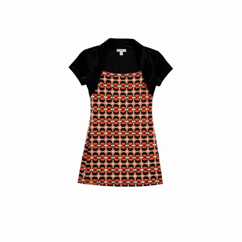 Vintage Teenie Weenie Y2K Geometric Top Black Orange Mod Square Neck Cap Sleeve